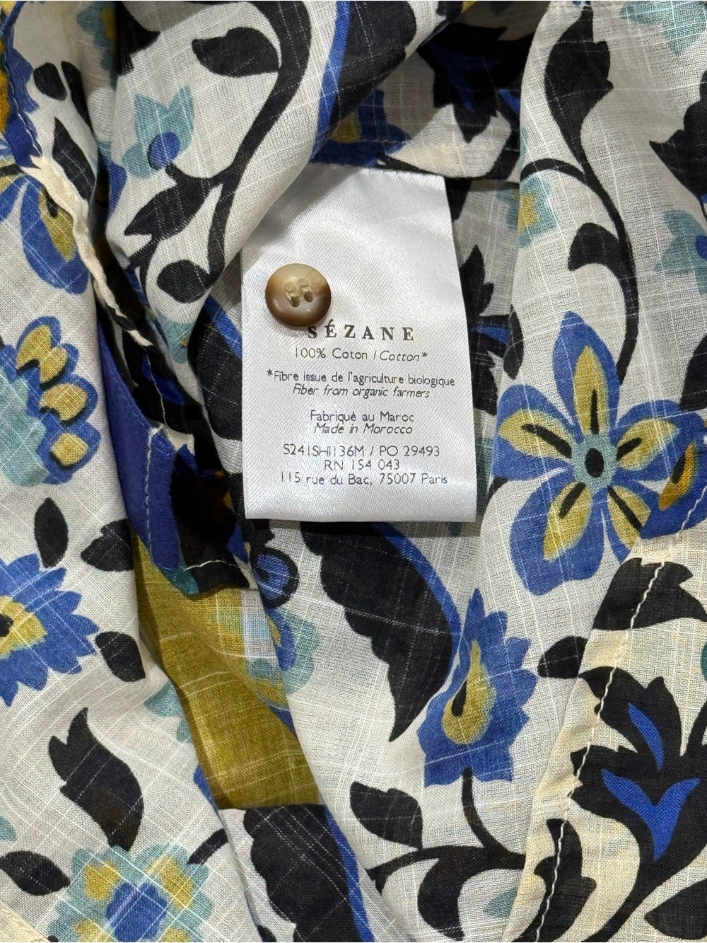 Sézane x Momoni Sz 44 / US 12 Blouse Blue Mustard Black Floral Button-Front Top - Picture 8 of 10